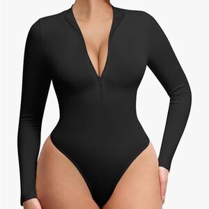 Black Long-Sleeve Zip-Front Bodysuit